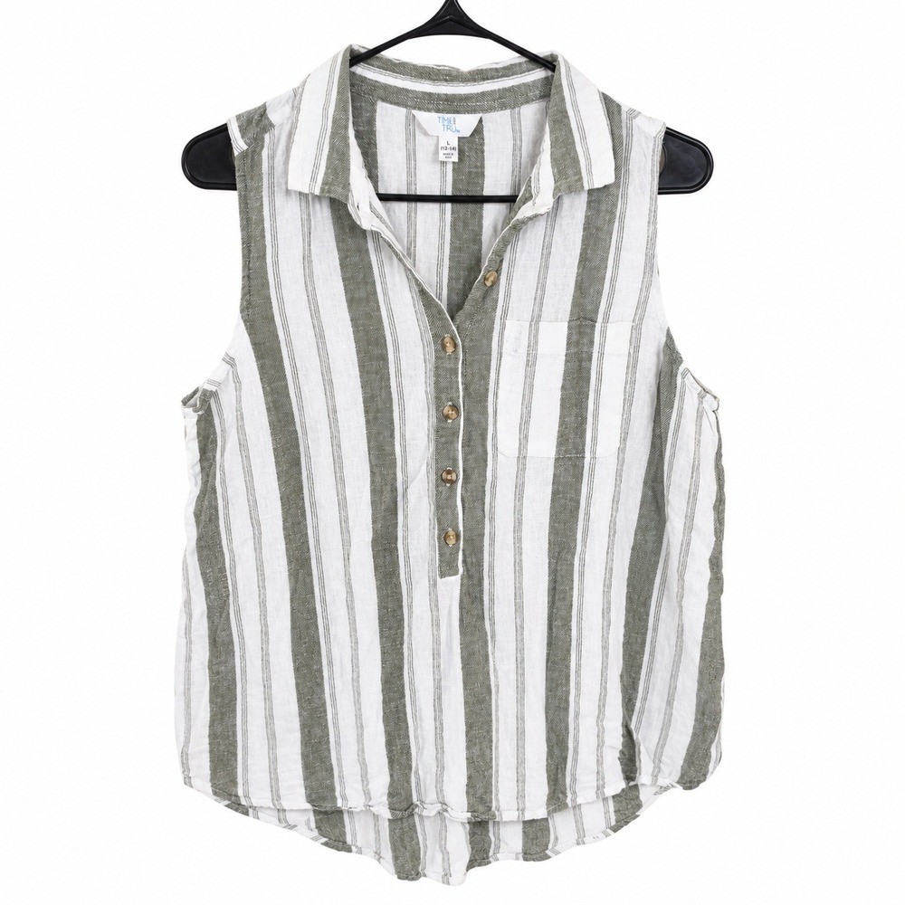 Time and Tru Womens Green White Striped Linen Blend Sleeveless Button Down Top L